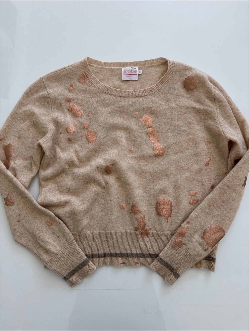 Brodie Cashmere Tan Crewneck Sweater with Copper Metallic Spots